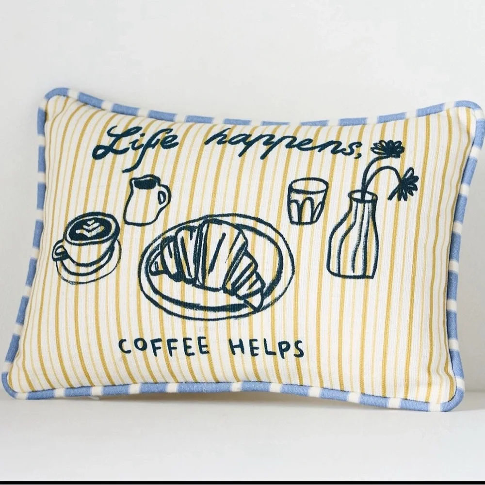 Anthropologie Life Happens Coffee Helps dduende studio Café Icon Cotton Pillow